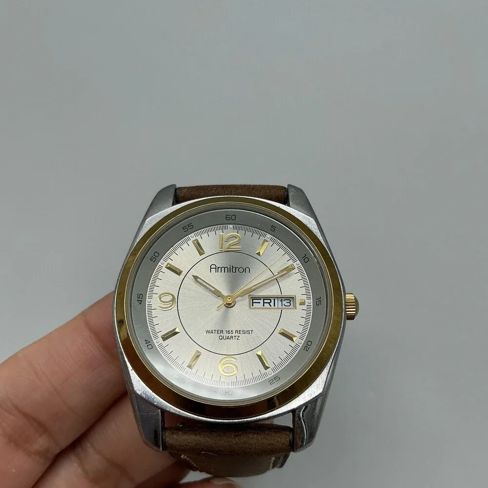 Armitron 20/1225 Mens Watch 38mm Silver Tone Brown Leather Day Date New Battery